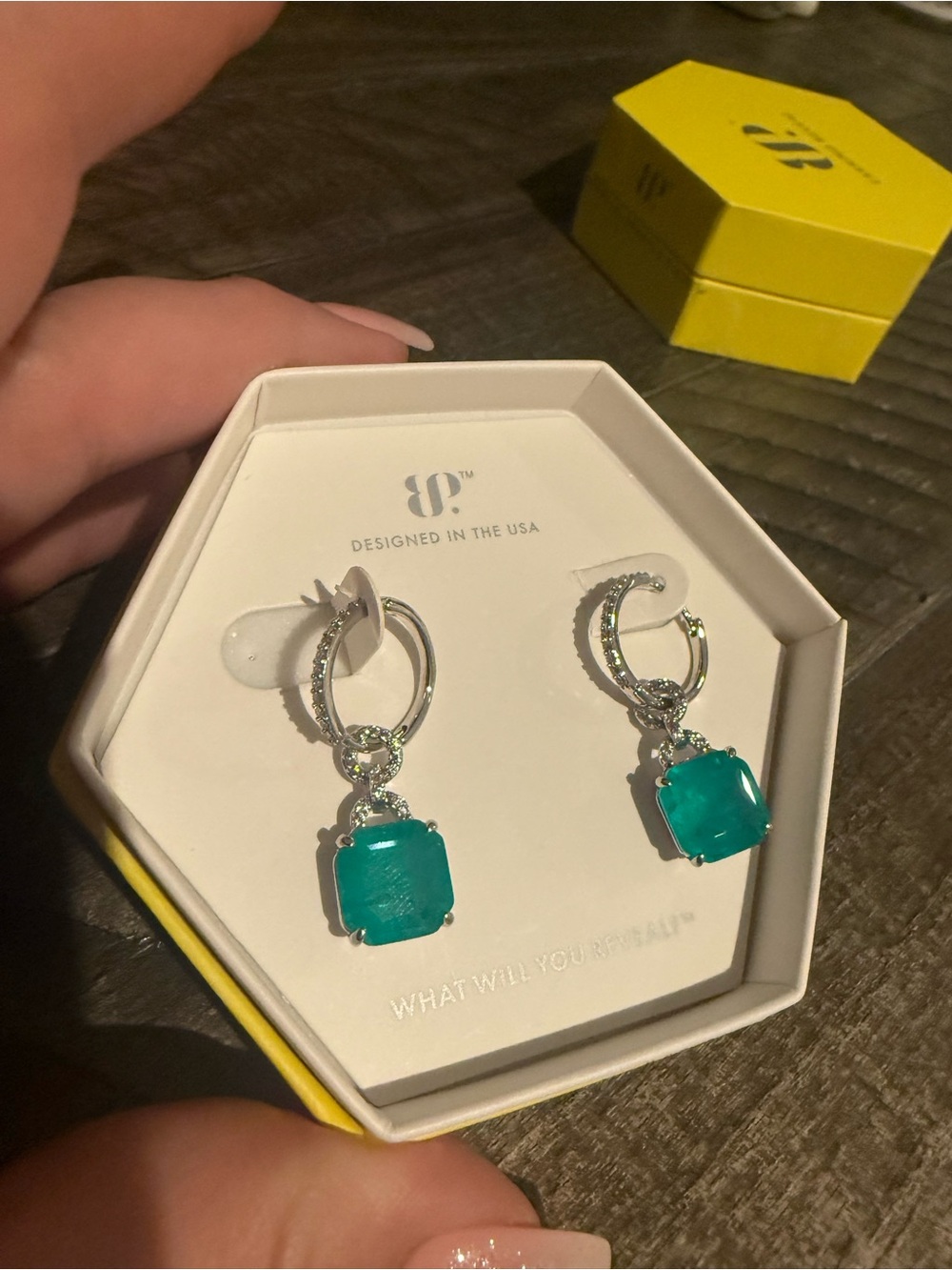 Bomb Party The Listen Emerald Drop Hoop Earrings NWT